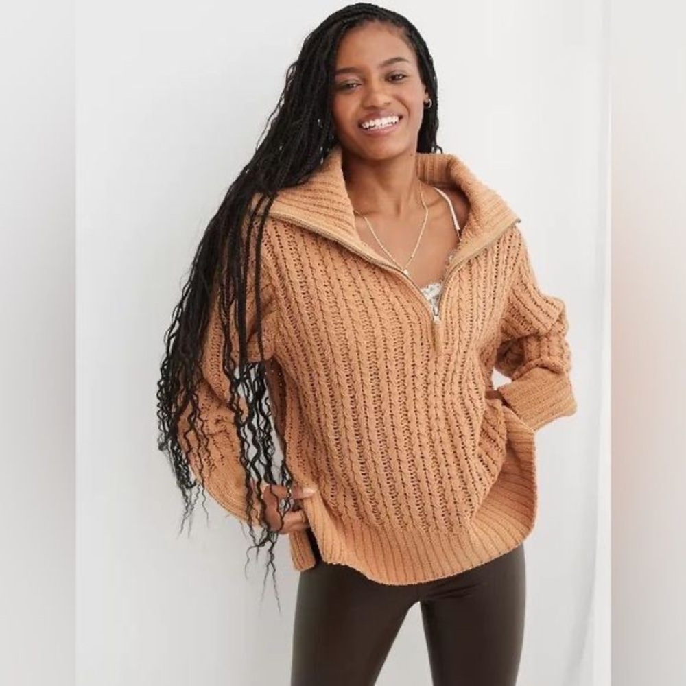 Aerie Cozy Fall Tan Chunky Knit Oversized Sweater